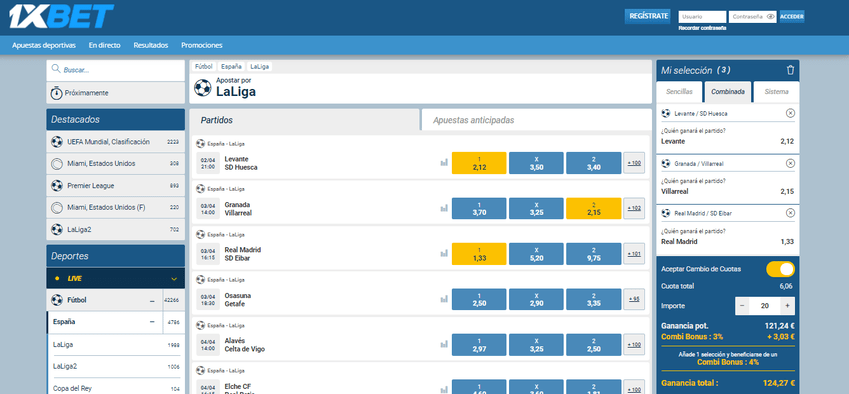 Panel de apuestas 1xbet
