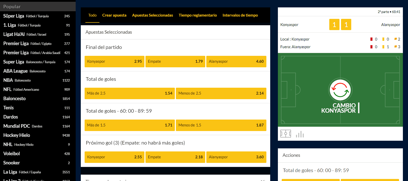 Panel de apuestas en directo admiralbet