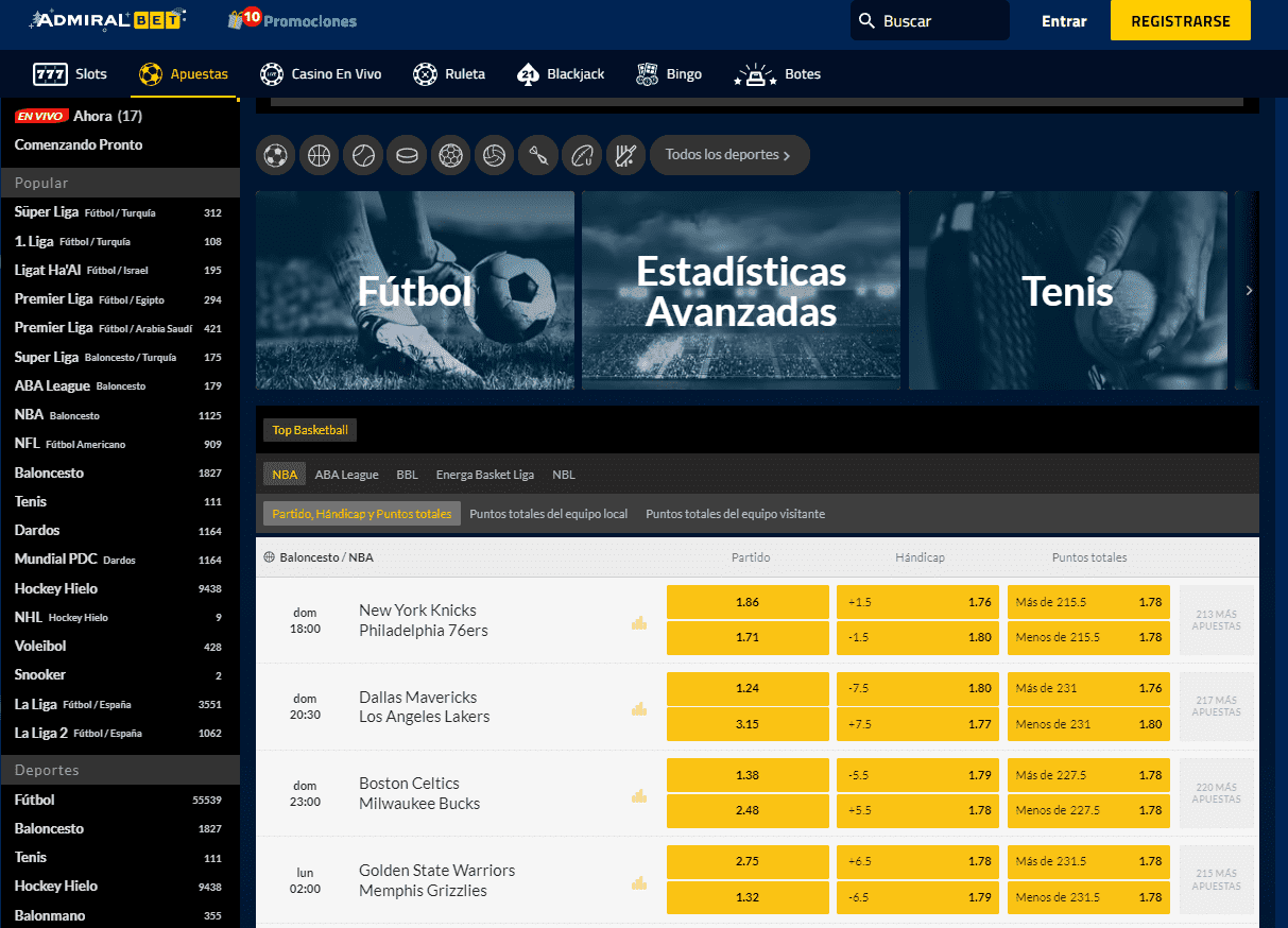 Panel de apuestas Admiralbet