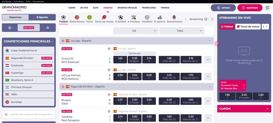 Encuentros en directo Gran Madrid Apuestas Online