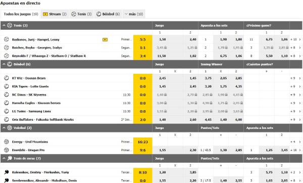 La sección en directo en Interwetten