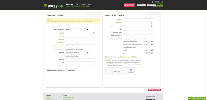 Proceso de registro de Juegging