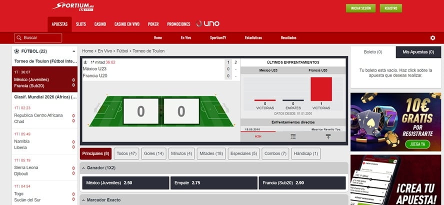 Panel de apuestas en directo Sportium