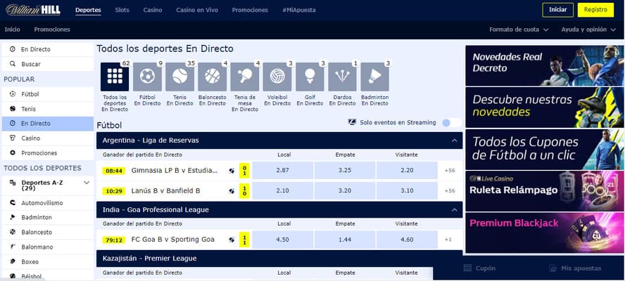 Panel de apuestas deportivas william hill
