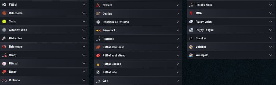 Deportes disponibles