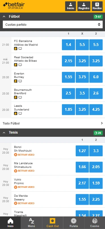 Versión móvil de Betfair